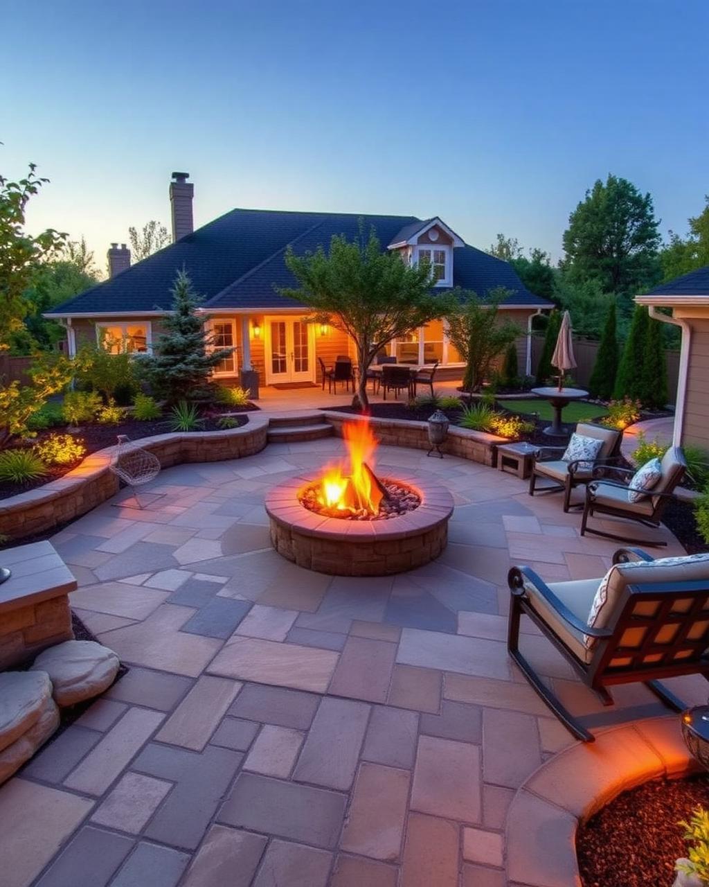 Backyard transformation with stone patio, fire pit and outdoor lighting