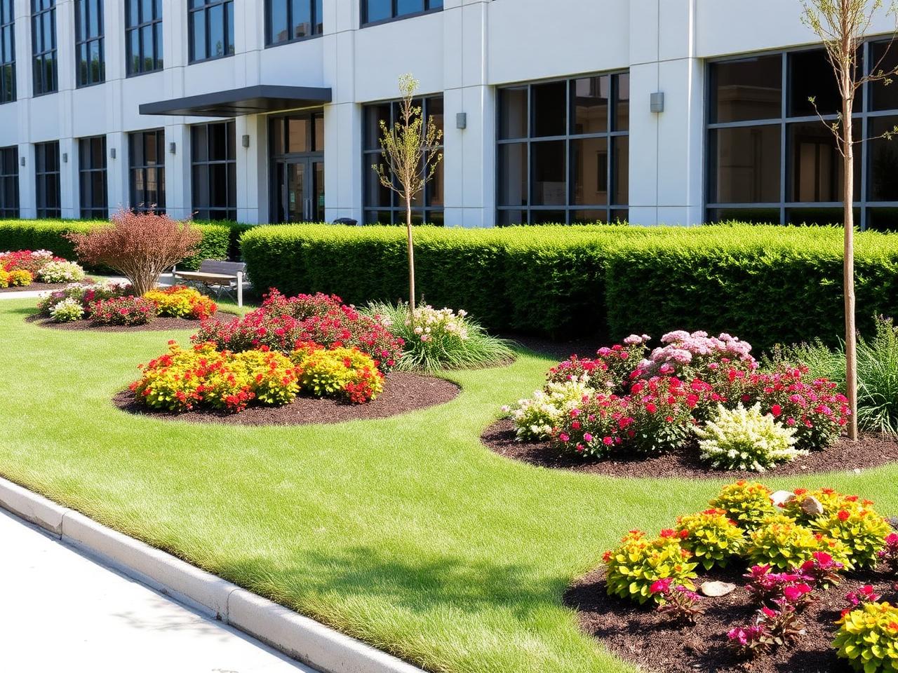 Commercial property landscaping with hedges and flower beds