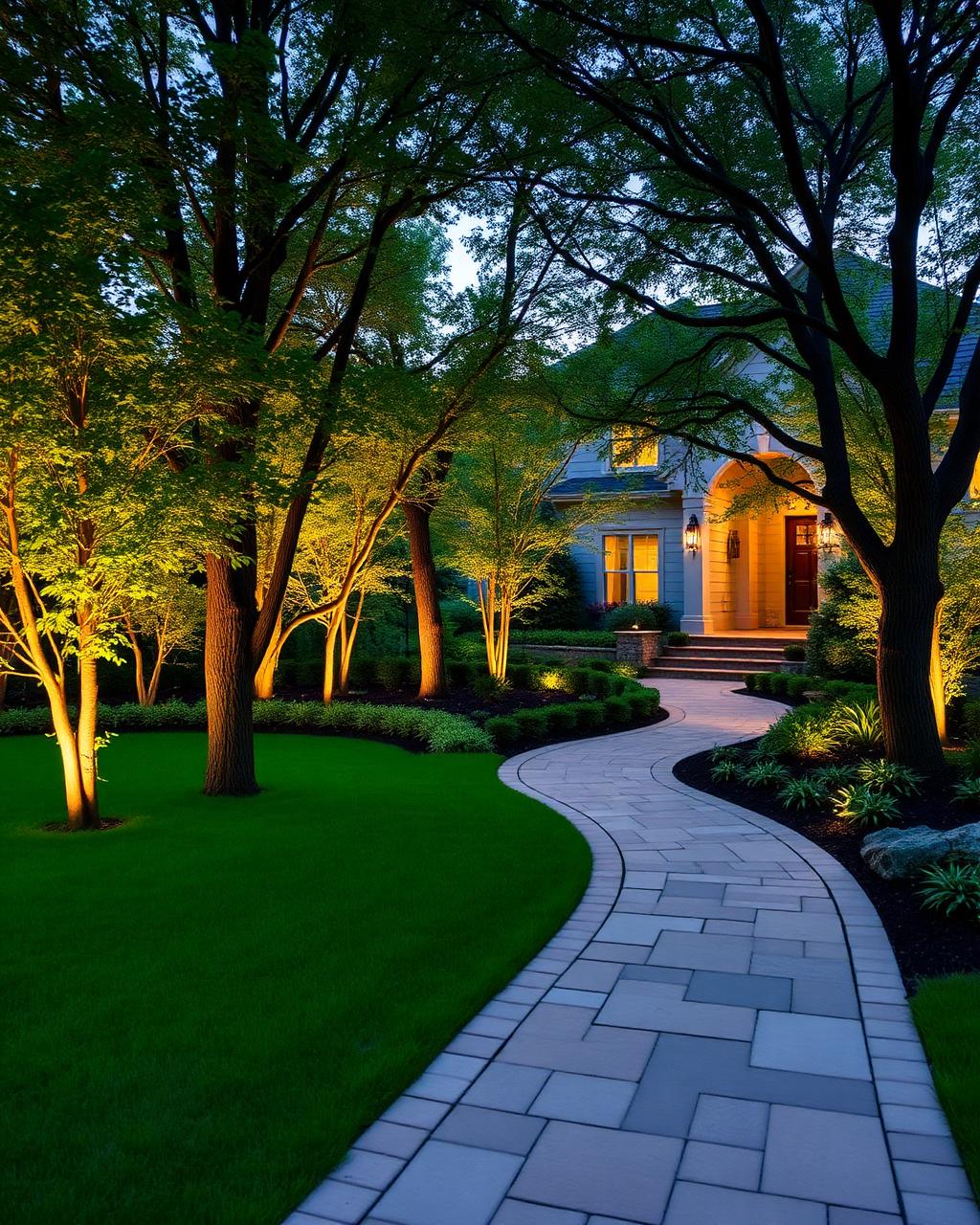 Stone walkway with landscape lighting at a luxury Middletown home